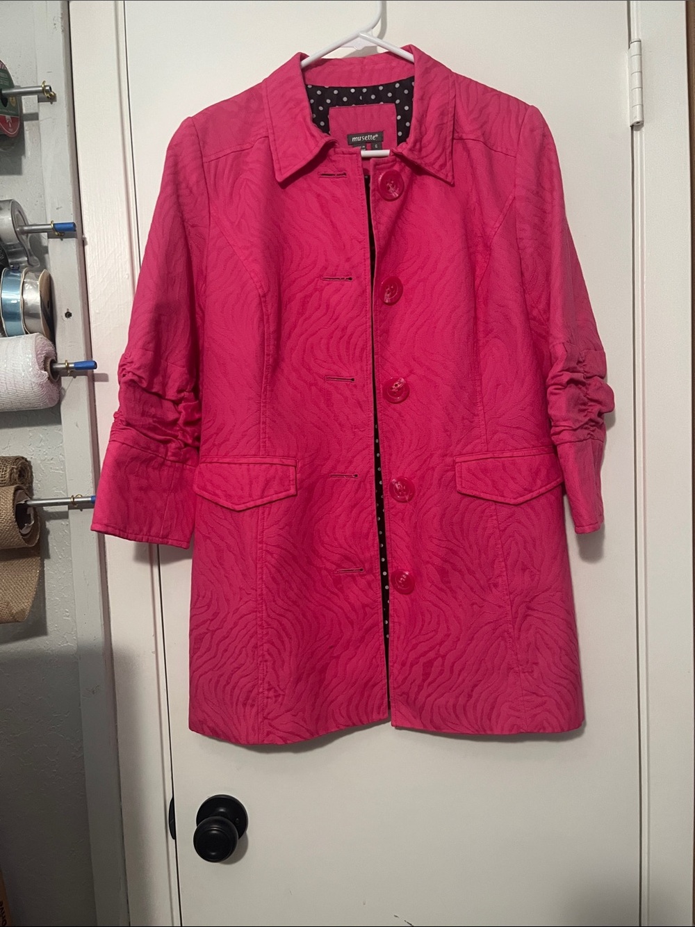 Bright Pink Patterned Button-Front Trench Lightweight Jacket